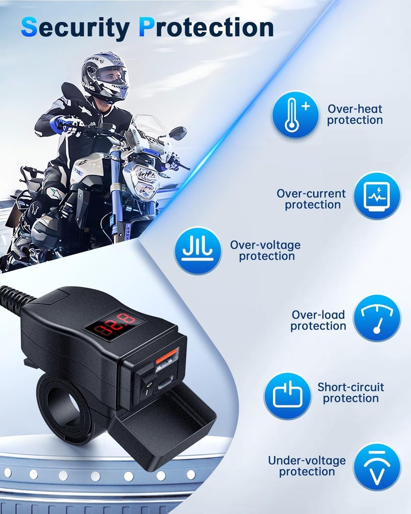EXTRACTME Motorcycle USB Charger, Dual USB Type C PD & Quick Charge 3.0 Motorcycle Phone Charger with Voltmeter & ON/Off Switch, Waterproof Motorcycle Accessories for All Phone, Tablet, GPS - Image 4